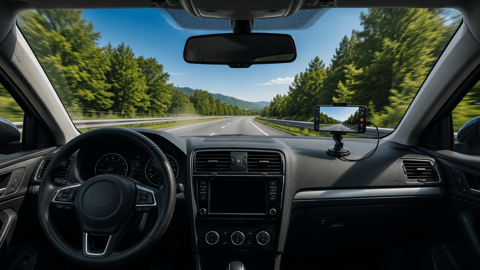 A phone mounted on the dashboard recording the road ahead